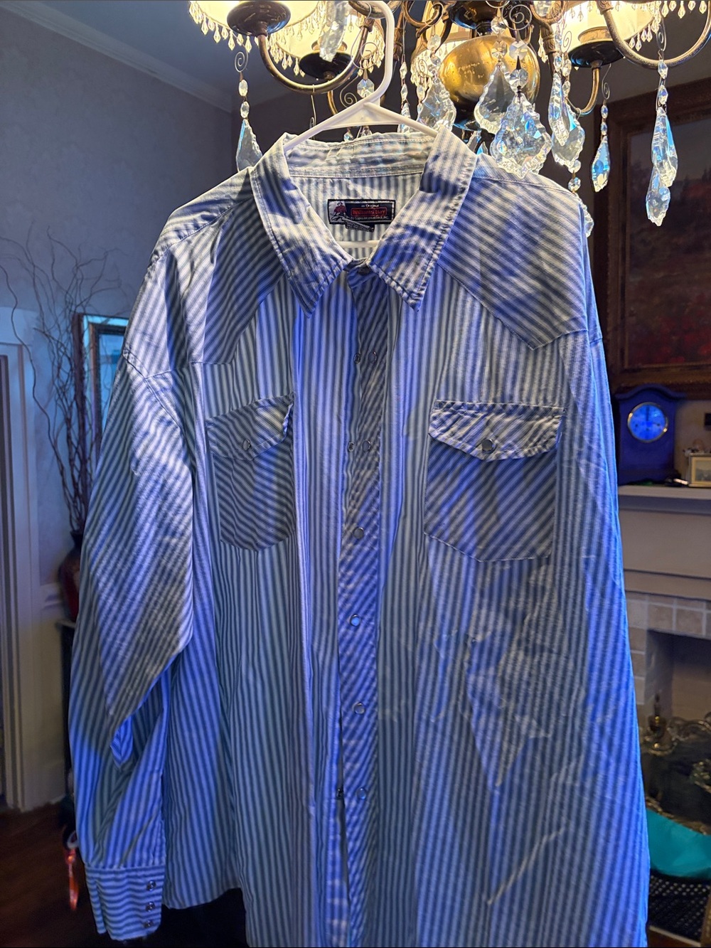 Men's Blue and White Striped pearl snap Button-Up Shirt wrangler